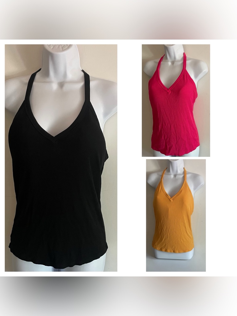 Classic Padded Bra V-Neck Halter Tank Top - Black, Pink, Mustard
